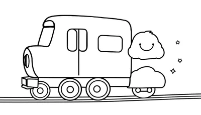 Un tren de dibujos animados con una cara sonriente en una placa de color.