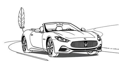 Un coche Maserati descapotable listo para colorear con una pluma detrás, sobre una carretera en blanco y negro.