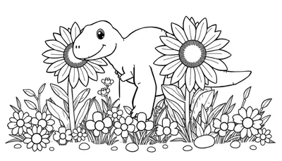 Placa de color de un tiranosaurio rex amigable con girasoles.