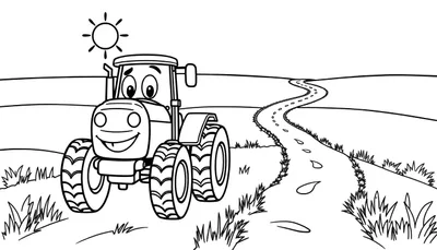 Placa de color de un tractor sonriente en un campo.