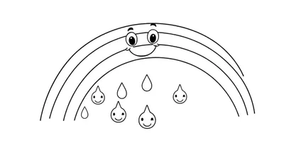 Placa de color: Un arcoíris sonriente con gotas de lluvia alegres.