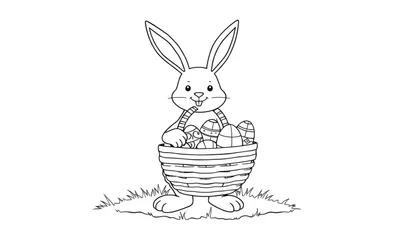 Una placa para colorear de un conejo de Pascua con orejas largas y una cesta llena de huevos decorados.