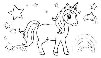 Página para colorear de un unicornio amigable con estrellas y arcoíris incompletos.
