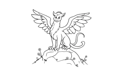 Una placa para colorear en blanco y negro de un adorable grifo con alas extendidas y una expresión feliz, posado sobre una roca con flores alrededor.