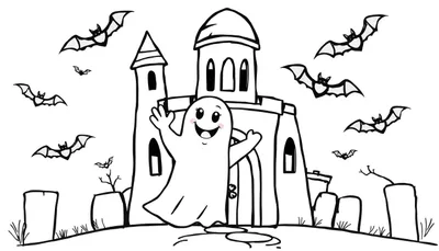 Página para colorear de Halloween con un fantasma amigable saludando frente a un castillo espeluznante, murciélagos, lápidas y árboles muertos.