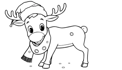 Placa para colorear de un reno navideño con gorro y bufanda.
