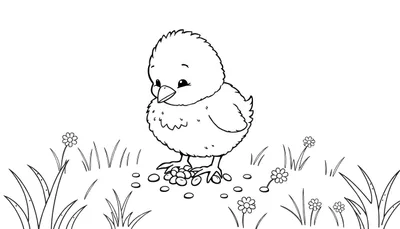 Un dibujo en blanco y negro de un pollito gordito picoteando semillas en un prado con flores y hierba alta. Esta placa de color está lista para ser pintada.
