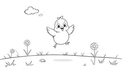 Placa de color de un pollito feliz saltando en un campo con flores.