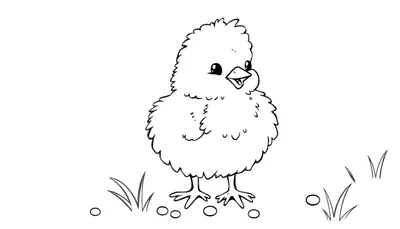 Pollito de dibujos animados con ojos grandes y pico abierto, parado en el suelo rodeado de hierba y semillas. Placa de color.