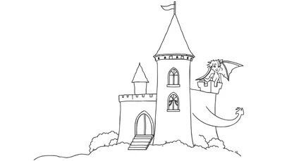 Página de colorear de un castillo de cuento de hadas con dragón amigable y princesa, dibujo lineal.