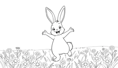 Bella, la coneja feliz, bailando en un campo de margaritas, página para colorear en blanco y negro. Dibujo lineal de un conejo sonriente con los brazos extendidos rodeado de flores silvestres, ideal para una placa de color.