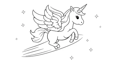 Página para colorear de un unicornio alado corriendo sobre una estrella fugaz, rodeado de estrellas.