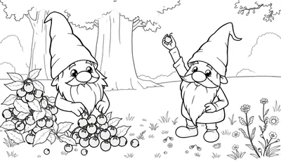 Gnomos recogiendo bayas en una página para colorear de placa de color.