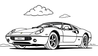 Un coche deportivo Ferrari negro y blanco para colorear, diseñado para niños, con la marca 'Fererrri' en la parte delantera y la firma 'Killy. Jomam' en la esquina inferior derecha.