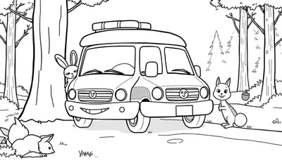 Una página para colorear en blanco y negro de una ambulancia amigable en un bosque con animales.