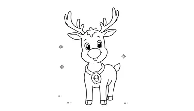 Un reno amigable dibujado en blanco y negro, listo para colorear, con grandes ojos redondos, nariz circular, sonrisa, collar y astas ramificadas. Copos de nieve y puntos en el fondo.