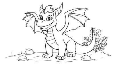 Spyro el dragón morado, un dibujo lineal para colorear con alas abiertas y una gran sonrisa, listo para la aventura.