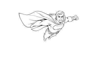 Superhéroe volando, página para colorear con la placa de color.