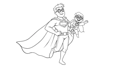 Un papá y su hijo con trajes de Superman, listos para una aventura, ideal para colorear en la placa de color.