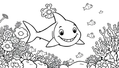 Página para colorear de un tiburón bebé amigable sonriendo, nadando entre corales y plantas marinas con burbujas.
