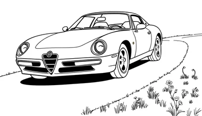 Coche deportivo Alfa Romeo de líneas para colorear, un dibujo lineal en blanco y negro de un coche clásico aparcado en una carretera rural rodeado de hierba y flores. La placa de color está lista para ser añadida.