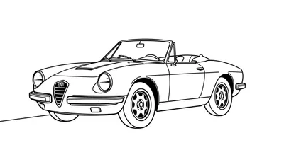 Boceto en blanco y negro de un coche deportivo descapotable clásico Alfa Romeo listo para colorear. ¡Sin placa de color, solo diversión!