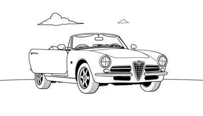 Un coche descapotable Alfa Romeo clásico en blanco y negro para colorear, con la puerta abierta y detalles para pintar. ¡Lista la placa de color!