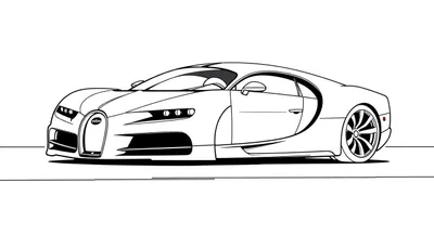 Un Bugatti Chiron dibujado con líneas gruesas en blanco y negro, listo para colorear, con la placa de color destacada.