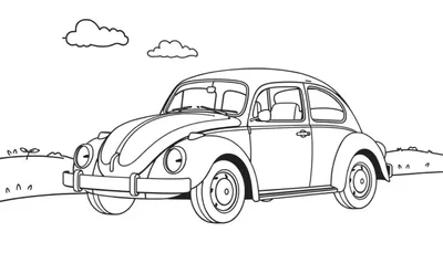 Un coche VW Escarabajo clásico listo para colorear, con líneas negras y blancas sobre un fondo simple con nubes y vegetación.