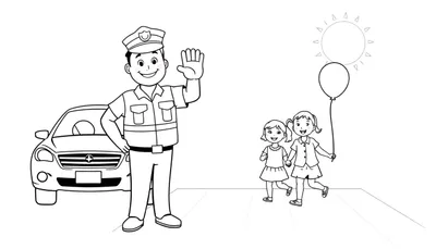 Un policía sonriente con su placa de color vigilando a dos niñas cogidas de la mano que caminan junto a un globo bajo un sol brillante.