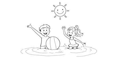 Página para colorear de niños jugando en el agua bajo un sol sonriente, una placa de color.