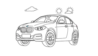 Placa de color de un coche BMW estilo cupé negro y blanco con ruedas grandes y una sonrisa amistosa.