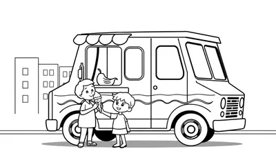 Dibujo lineal de un camión de helados con dos niños, para colorear. Incluye una placa de color.