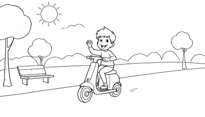 Dibujo lineal de un niño sonriente en un patinete, con un parque soleado y árboles de fondo, listo para colorear. Placa de color.