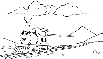 Tren de vapor de dibujos animados sonriente en una placa de color de paisaje montañoso.