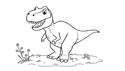 Un Tiranosaurio Rex sonriente dibujado a mano, listo para colorear, con un contorno negro sobre fondo blanco. La placa de color muestra flores y hierba.