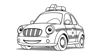 Un coche de policía sonriente, listo para colorear, con contornos sencillos y una placa de color.