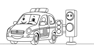 Coche de policía de dibujos animados sonriente con semáforo amigable, listo para colorear, destacando una placa de color.