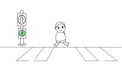 Un niño cruza felizmente una calle por un paso de peatones bajo un semáforo verde, listo para ser coloreado en una placa de color.