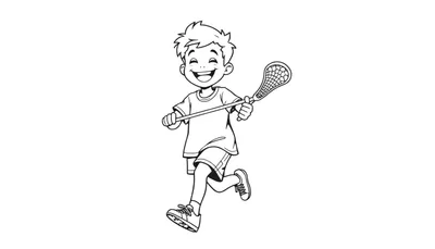 Placa de color de un niño feliz jugando lacrosse.