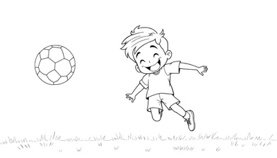 Un niño salta felizmente hacia un balón de fútbol, listo para patear, en una página para colorear en blanco y negro con césped simple y fondo blanco. Esta es una placa de color ideal para que los niños se diviertan.