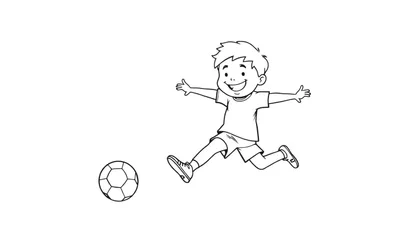 Niño sonriente en el aire listo para patear un balón de fútbol, página para colorear, placa de color.