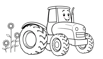 Un tractor sonriente con ruedas grandes y flores de girasol, listo para ser pintado en una placa de color.