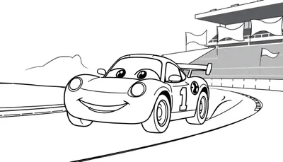 Placa de color: Coche de carreras sonriente con el número 1 en la pista