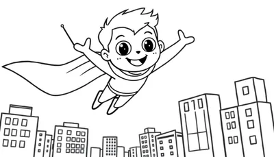 Placa de color: Superhéroe infantil volando sobre una ciudad con capa