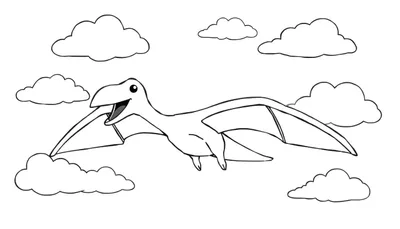 Un pterodáctilo sonriente listo para ser coloreado, volando en un cielo nublado.