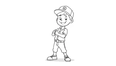 Niño sonriente con gorra de béisbol con la letra K y un bate, listo para batear, dibujo lineal en blanco y negro para colorear, sin placa de color.