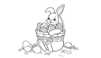 Un lindo conejito de Pascua en una canasta de mimbre llena de huevos de Pascua decorados, listo para usar la placa de color para colorear.