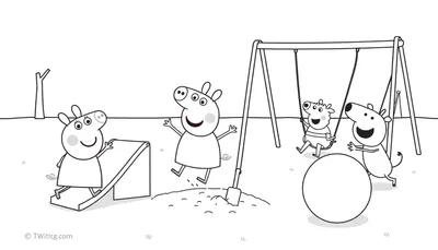 Peppa Pig y amigos jugando en el parque, dibujo para colorear de la placa de color.