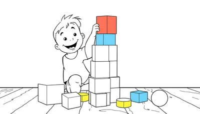 Placa de color para colorear con un niño sonriente construyendo una torre de bloques.